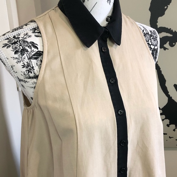 CUE Size 8 Coffee/Black Trim Linen-Blend Sleeveless Pleated Fit&Flare Swing Top - Picture 5 of 16